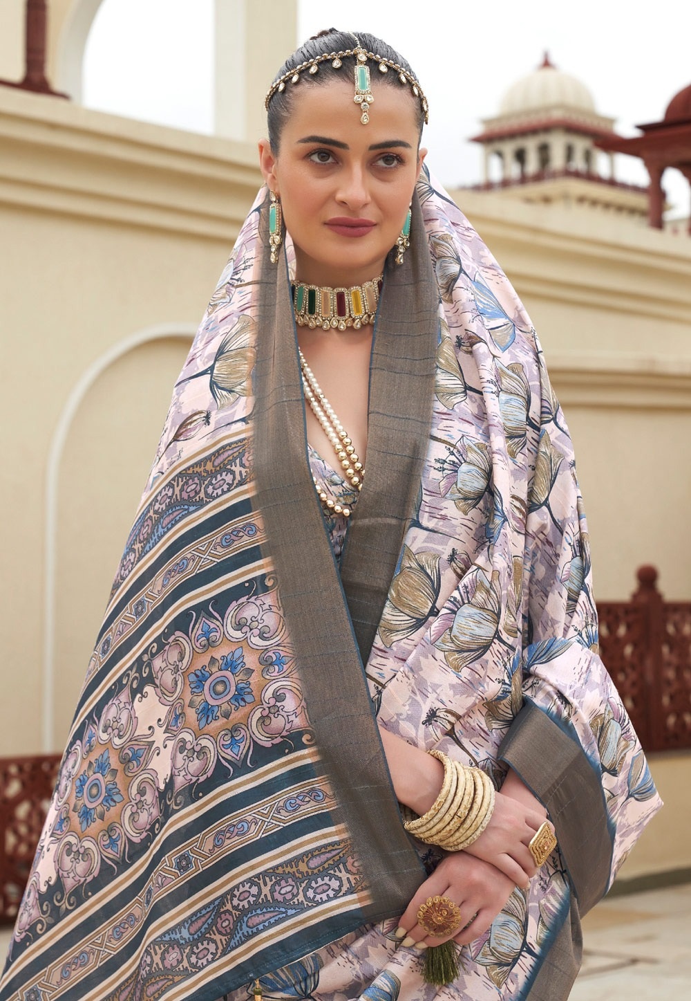 Grey Printed Sequence Fendy Satin Saree — alternate view