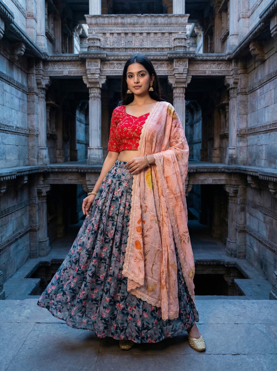 Grey Red Embroidered Satin Silk Lehenga Choli