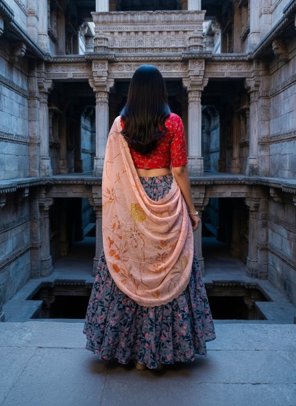 Grey Red Embroidered Satin Silk Lehenga Choli — alternate view