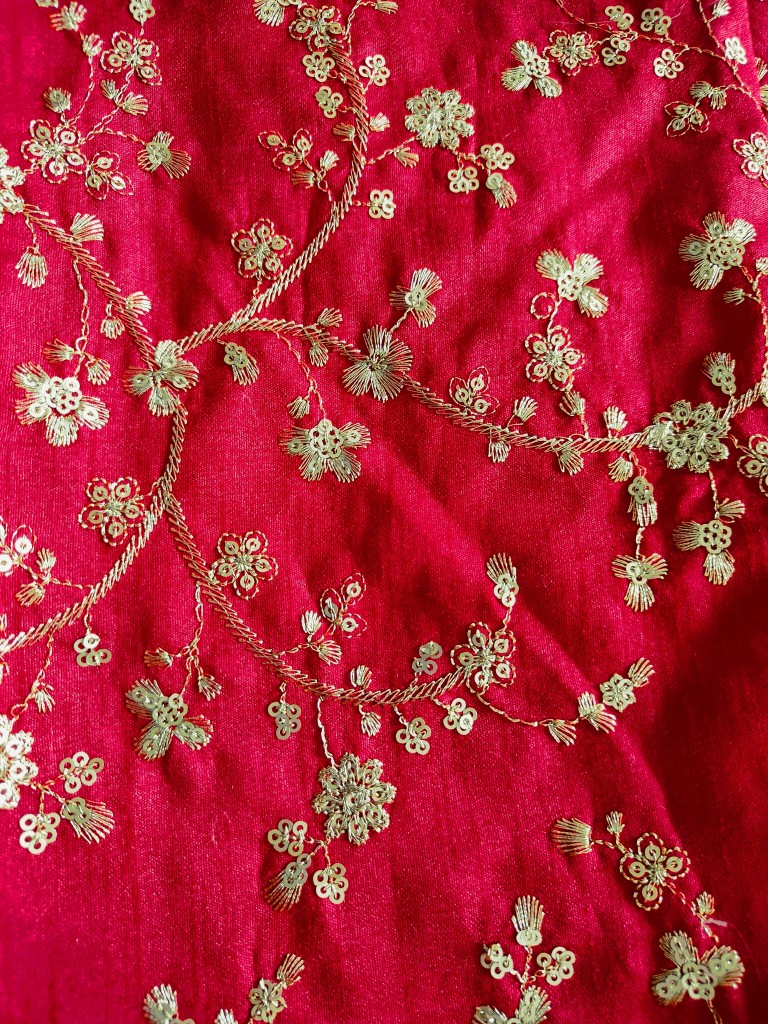 Grey Red Embroidered Satin Silk Lehenga Choli