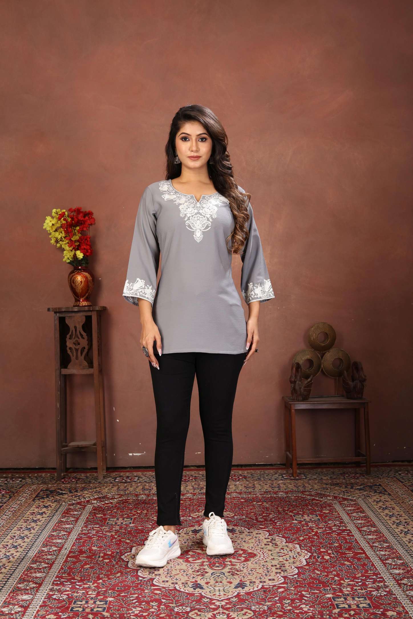 Grey Rinkal Cotton Embroidered Short Kurti