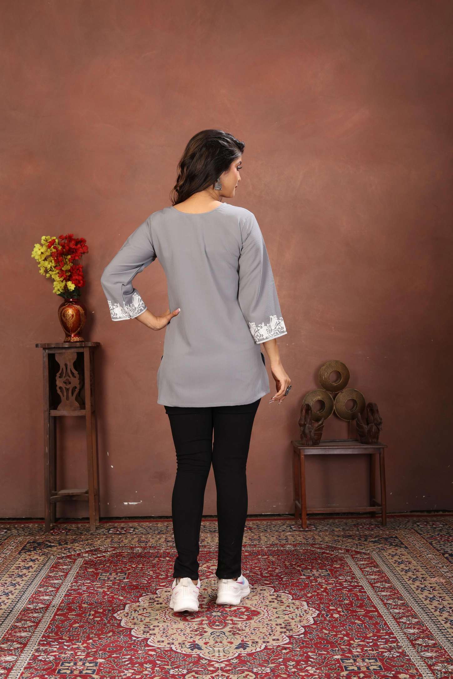 Grey Rinkal Cotton Embroidered Short Kurti — alternate view