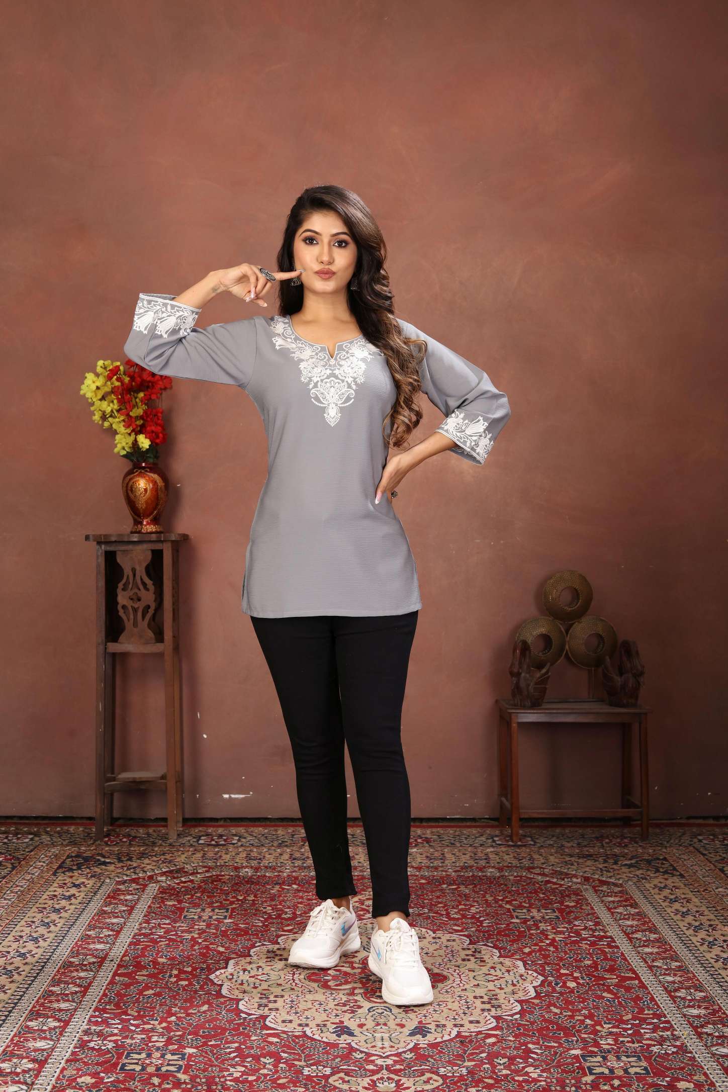 Grey Rinkal Cotton Embroidered Short Kurti