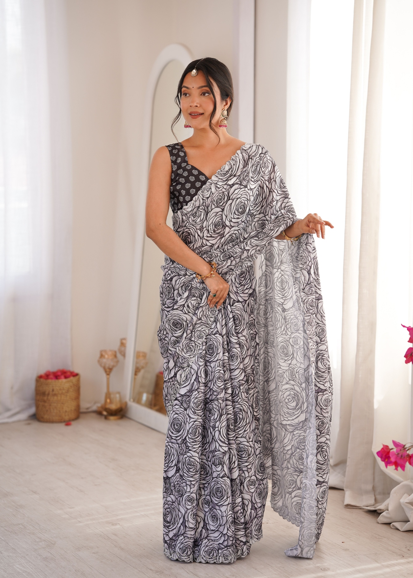 Grey Rose Digital Printed Chinon Saree
