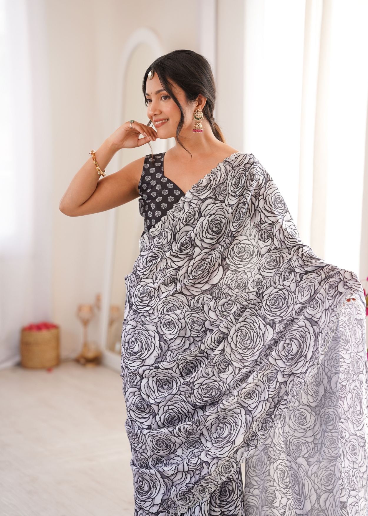 Grey Rose Digital Printed Chinon Saree