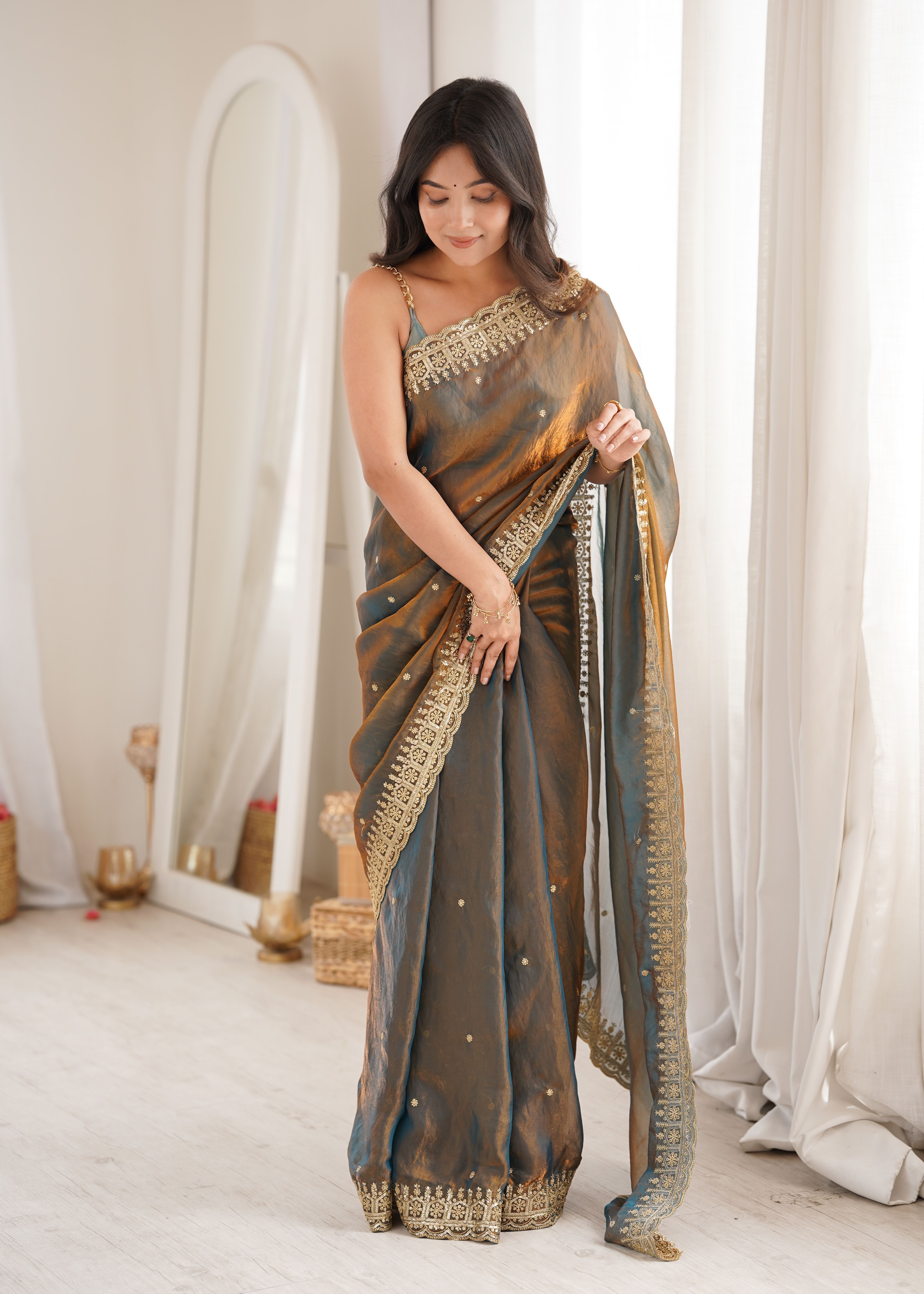 Grey Sequance Fendy Satin Saree