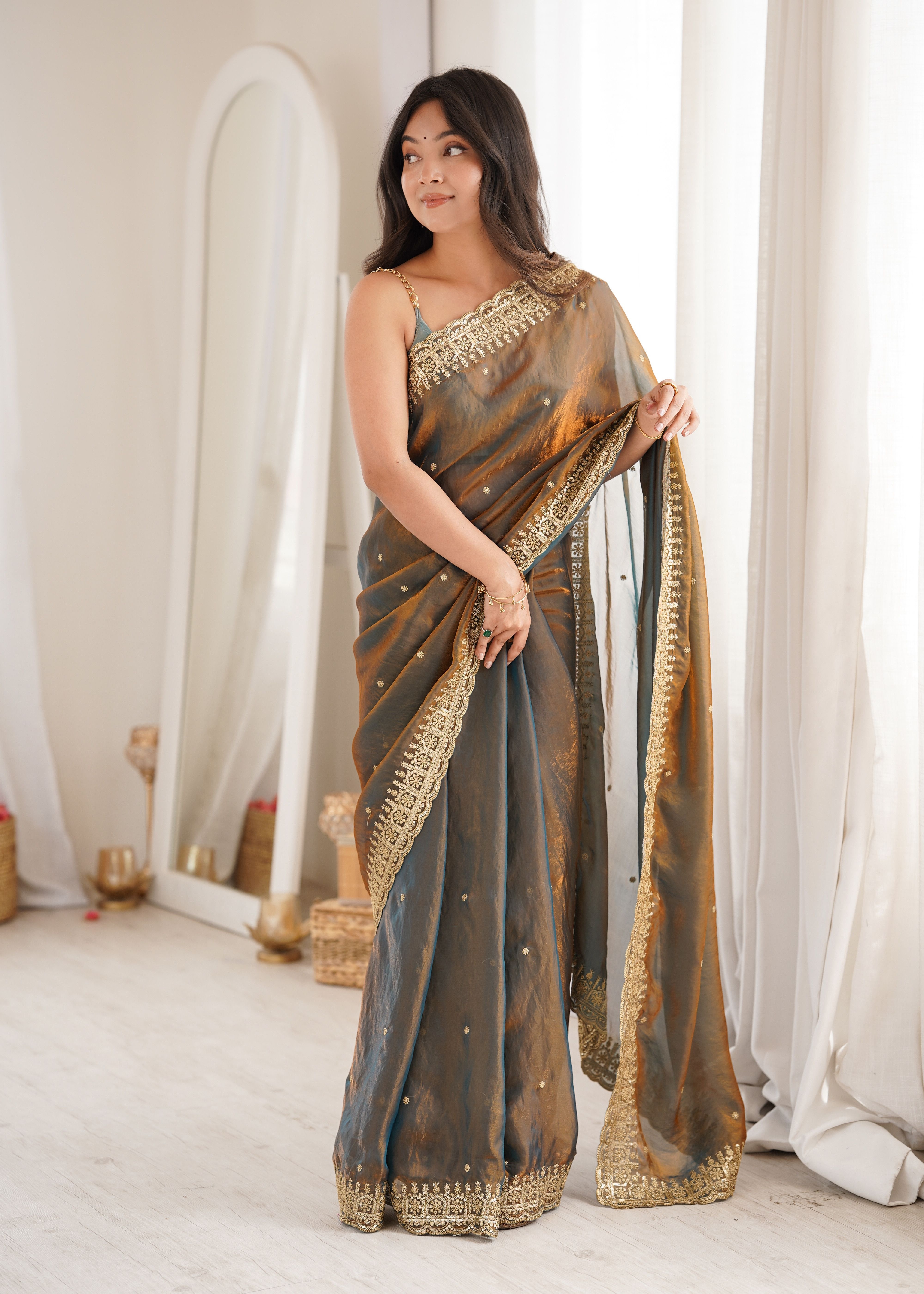 Grey Sequance Fendy Satin Saree