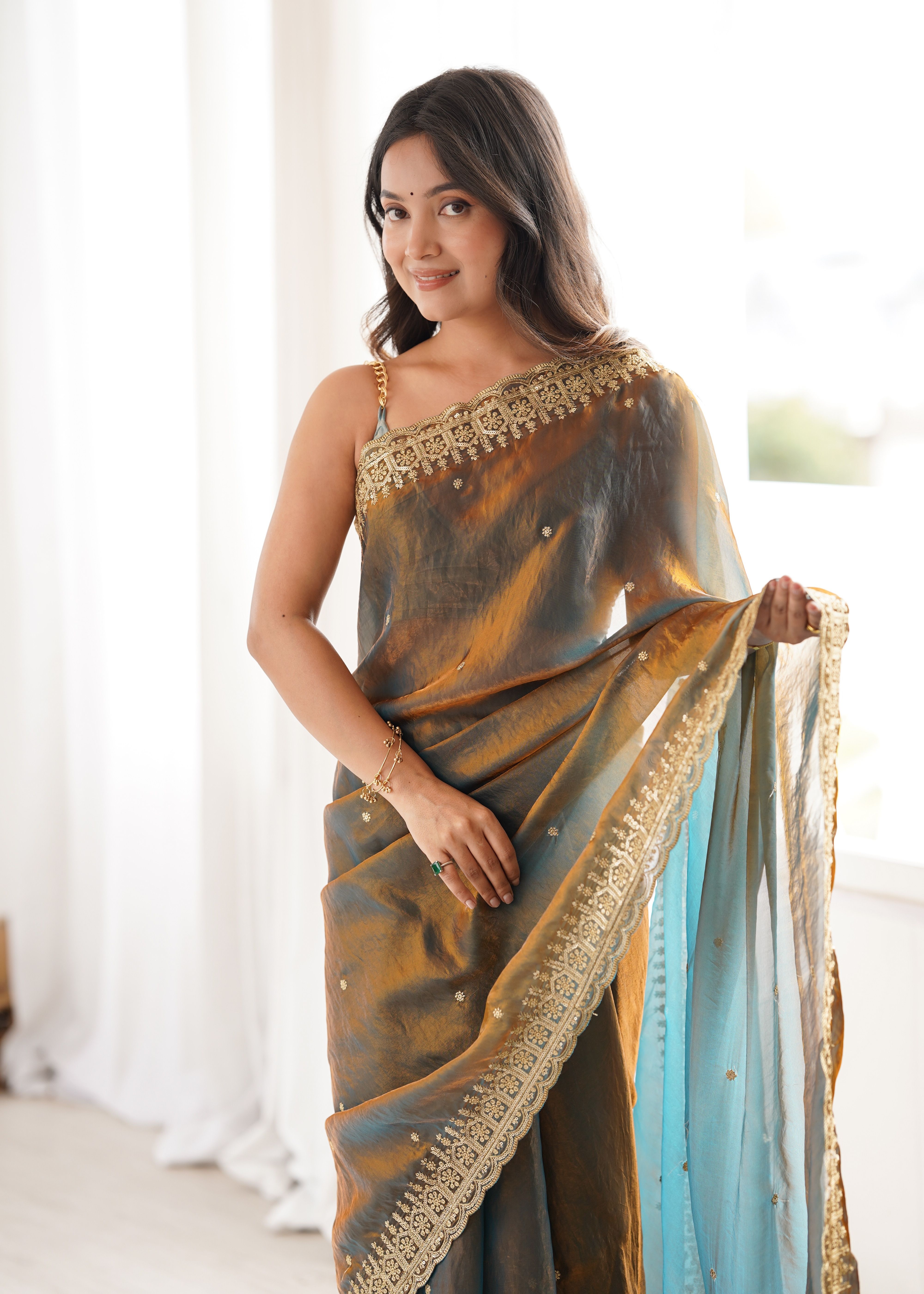 Grey Sequance Fendy Satin Saree