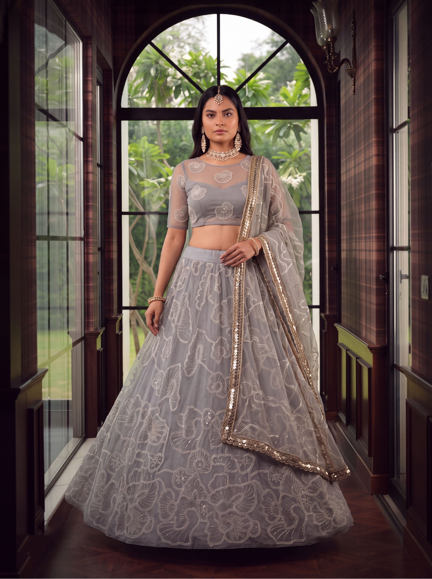 Grey Sequin Butterfly Net Lehenga Choli
