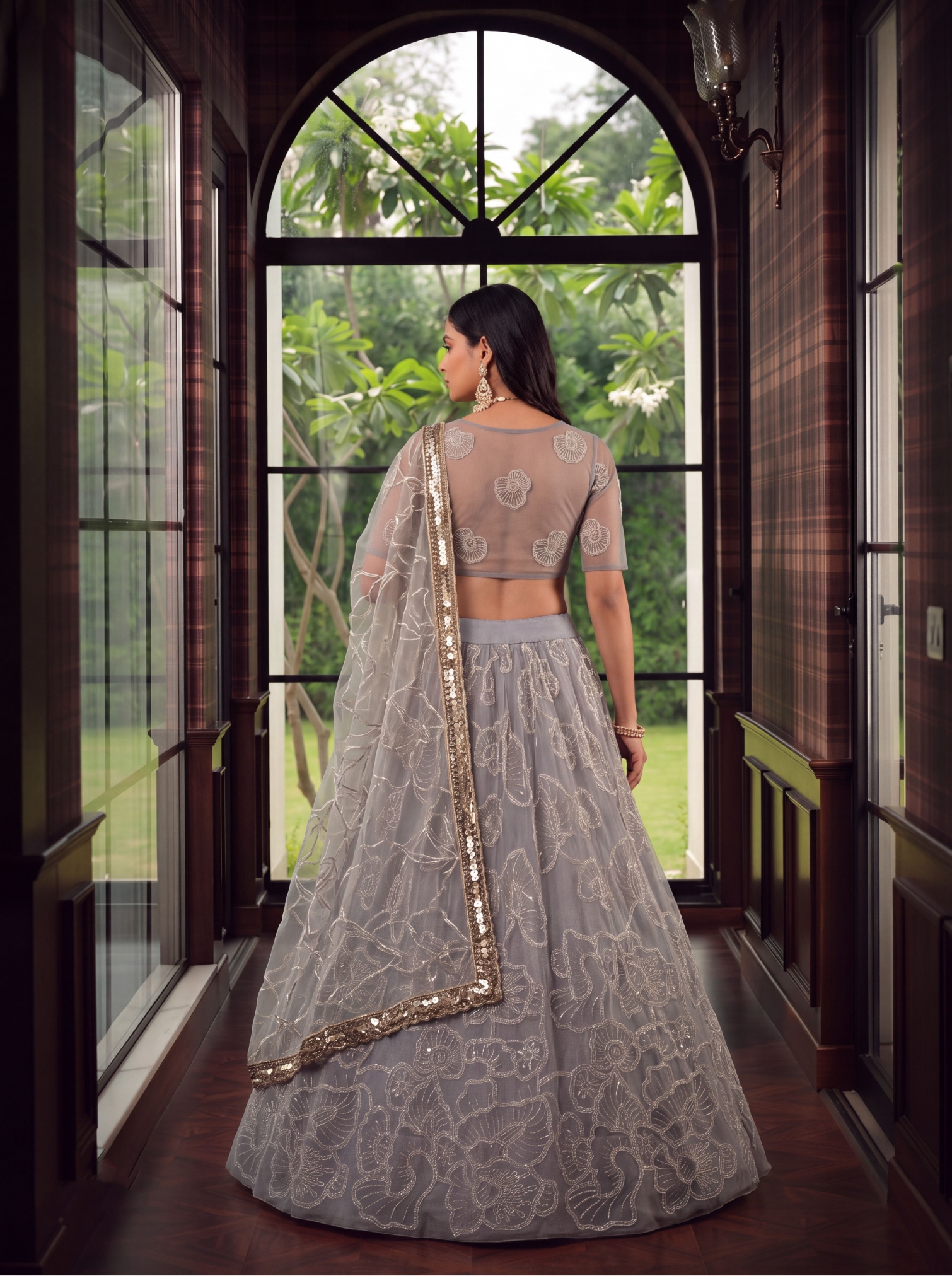 Grey Sequin Butterfly Net Lehenga Choli — alternate view