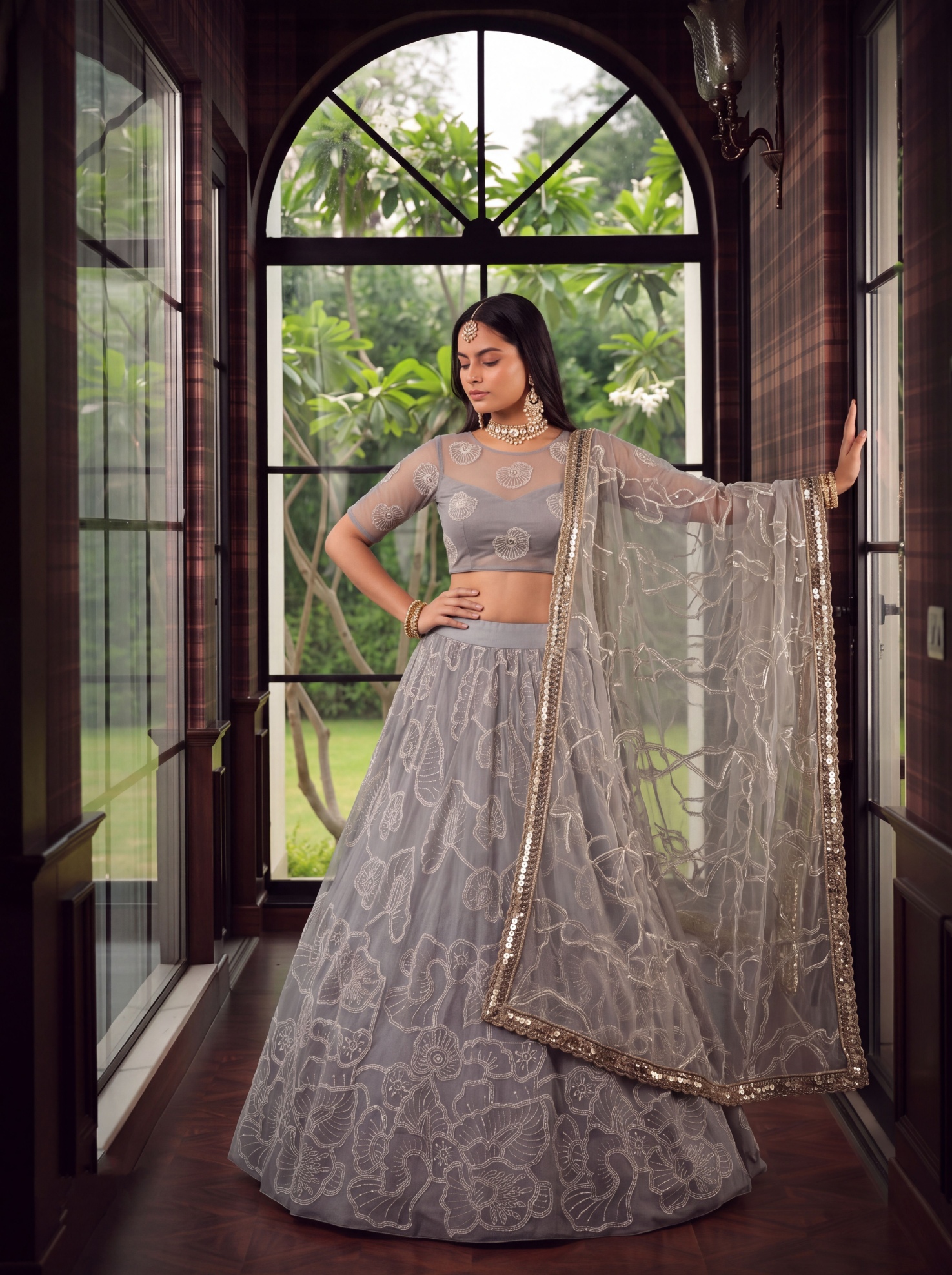 Grey Sequin Butterfly Net Lehenga Choli