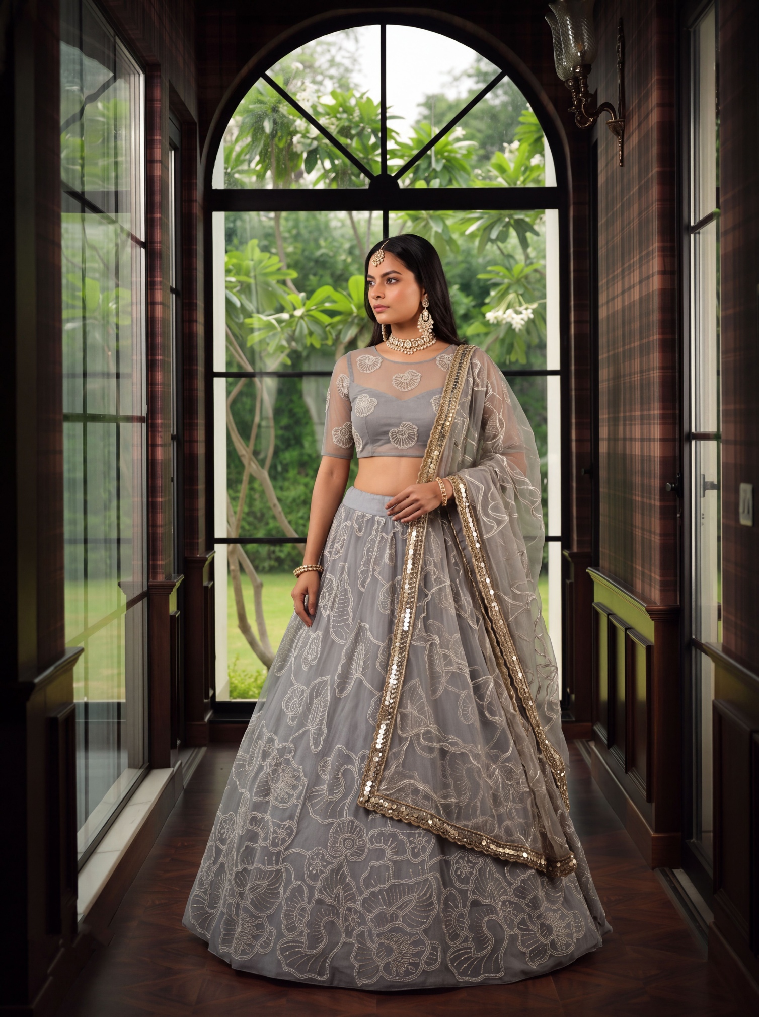 Grey Sequin Butterfly Net Lehenga Choli