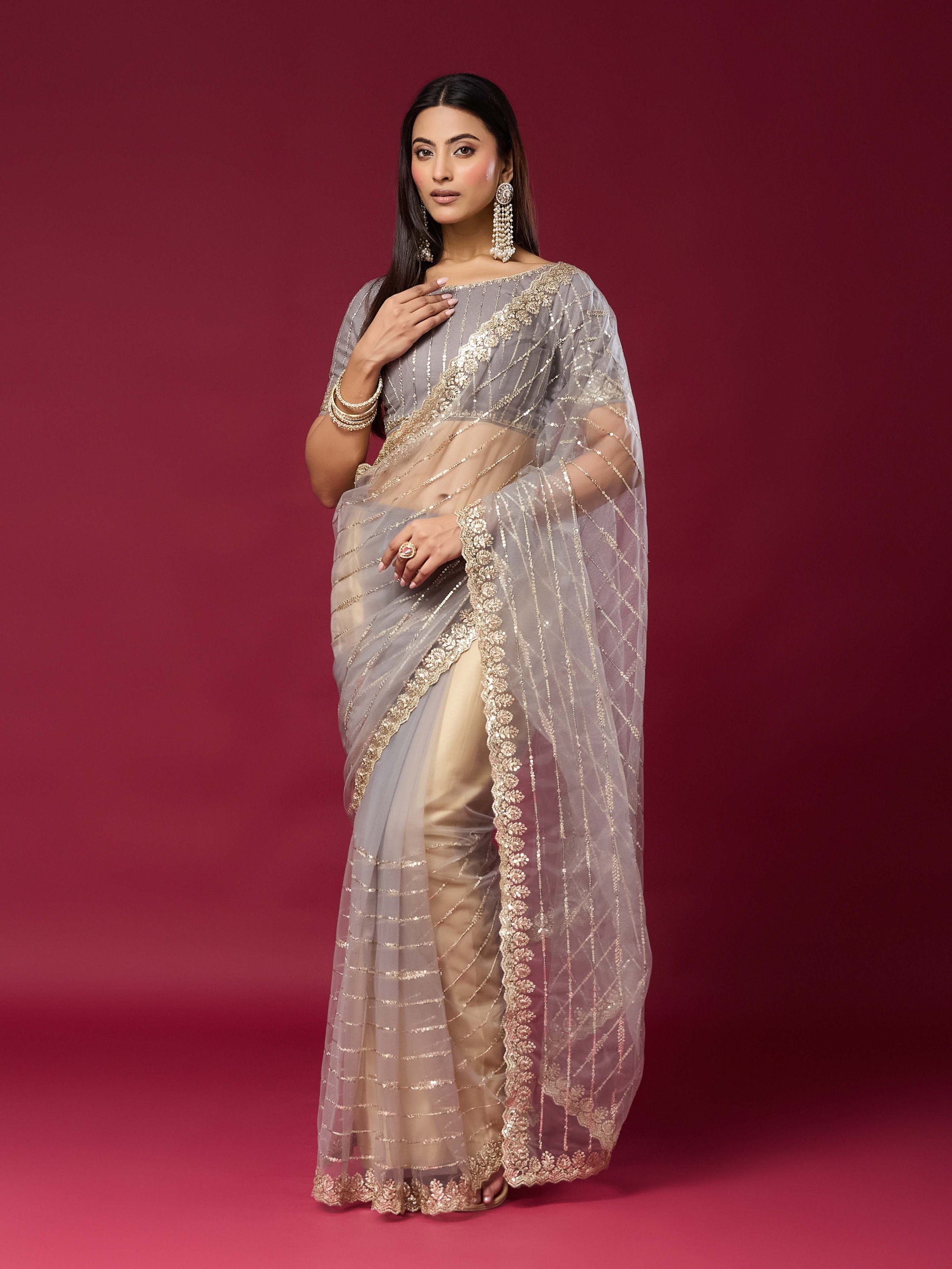 Grey Sequin Cut Work Net Saree