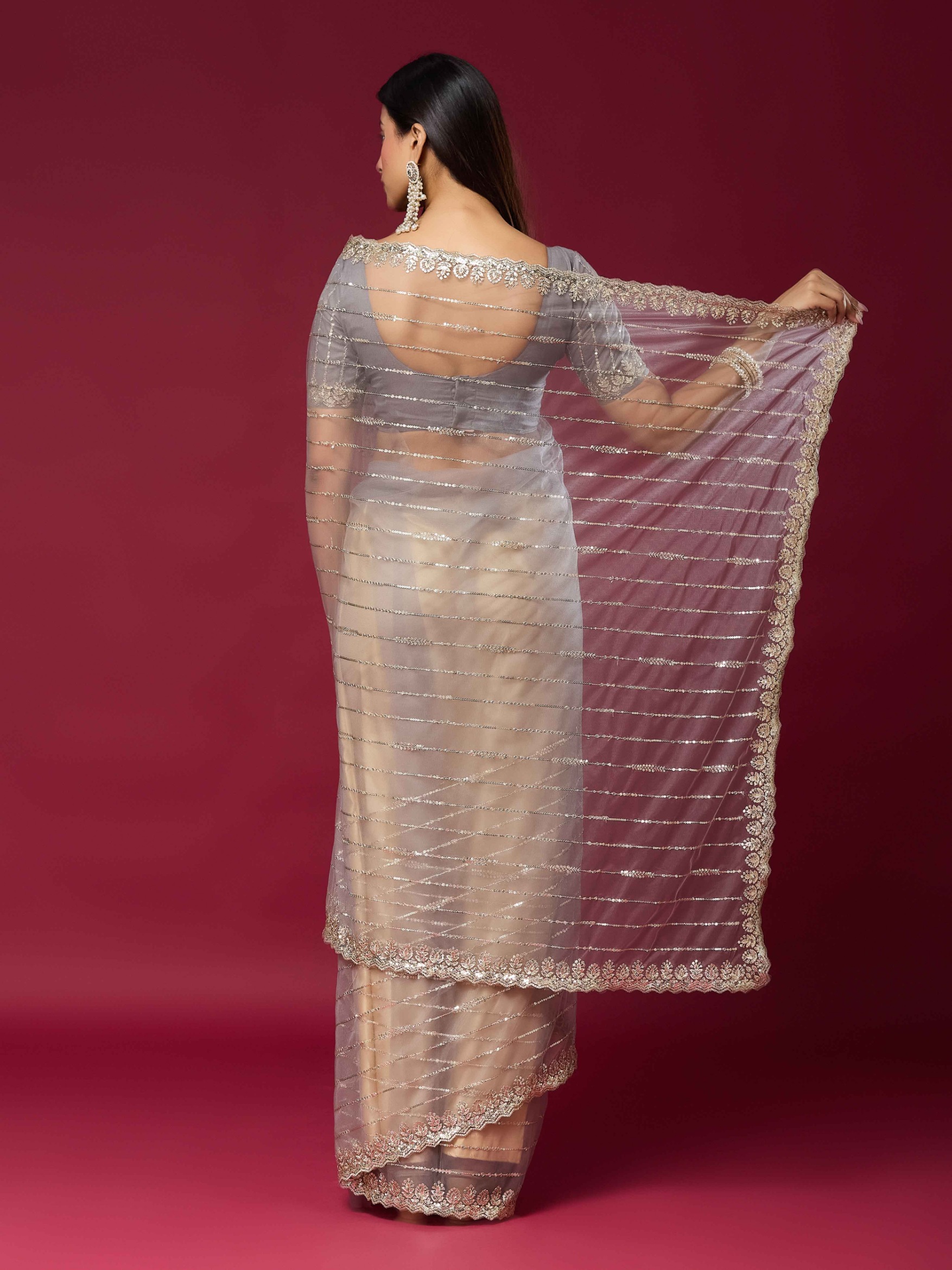 Grey Sequin Cut Work Net Saree — alternate view