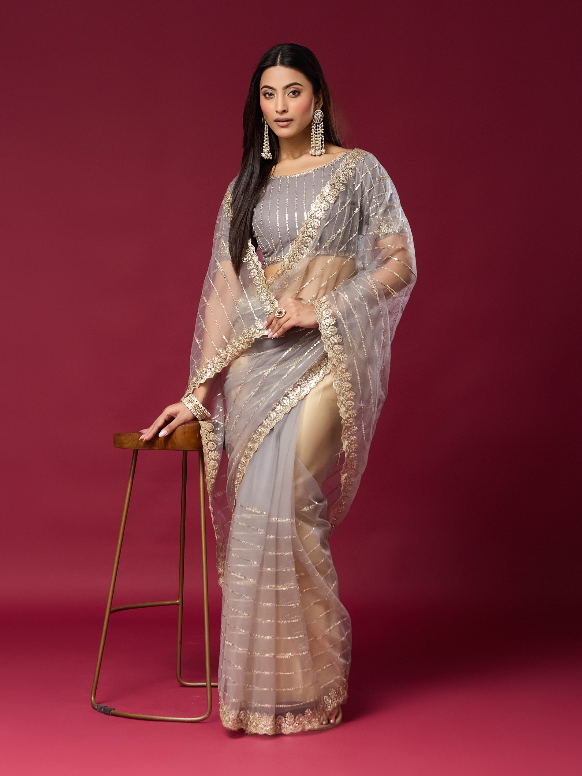 Grey Sequin Cut Work Net Saree