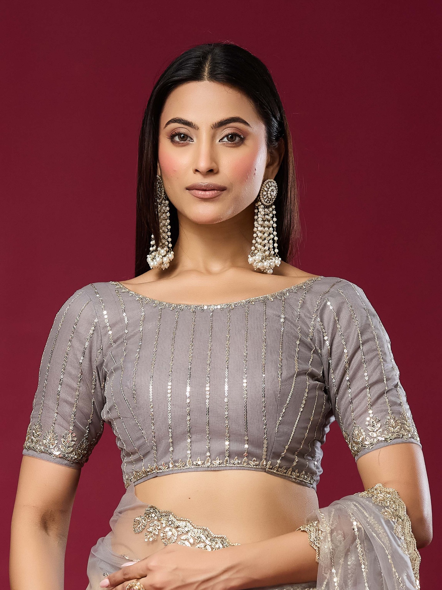 Grey Sequin Cut Work Net Saree