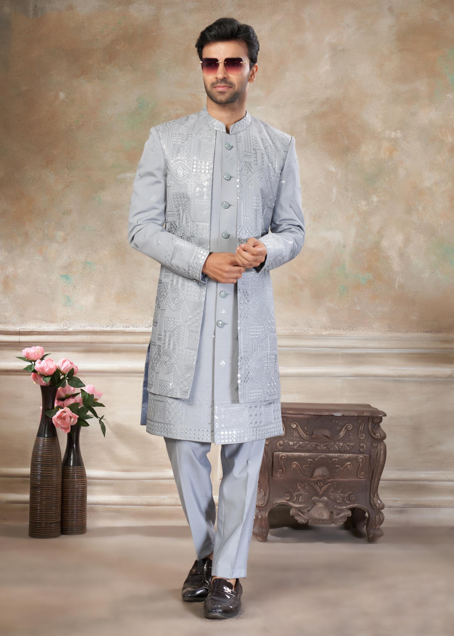 Grey Silk Indo Western Sherwani