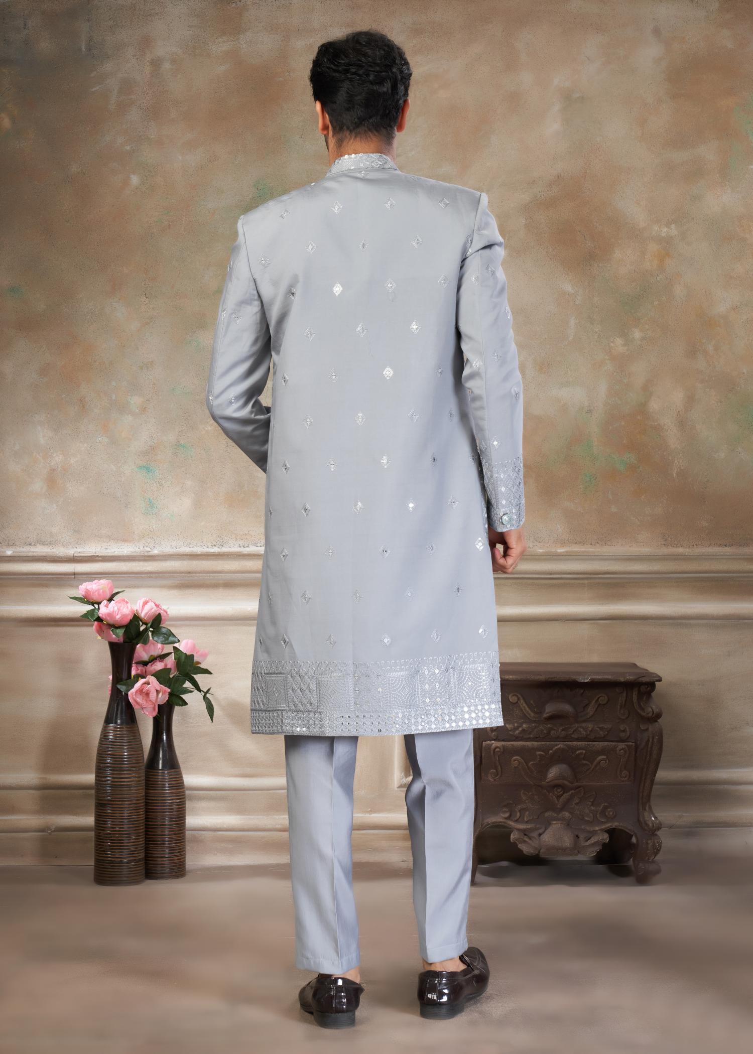 Grey Silk Indo Western Sherwani — alternate view