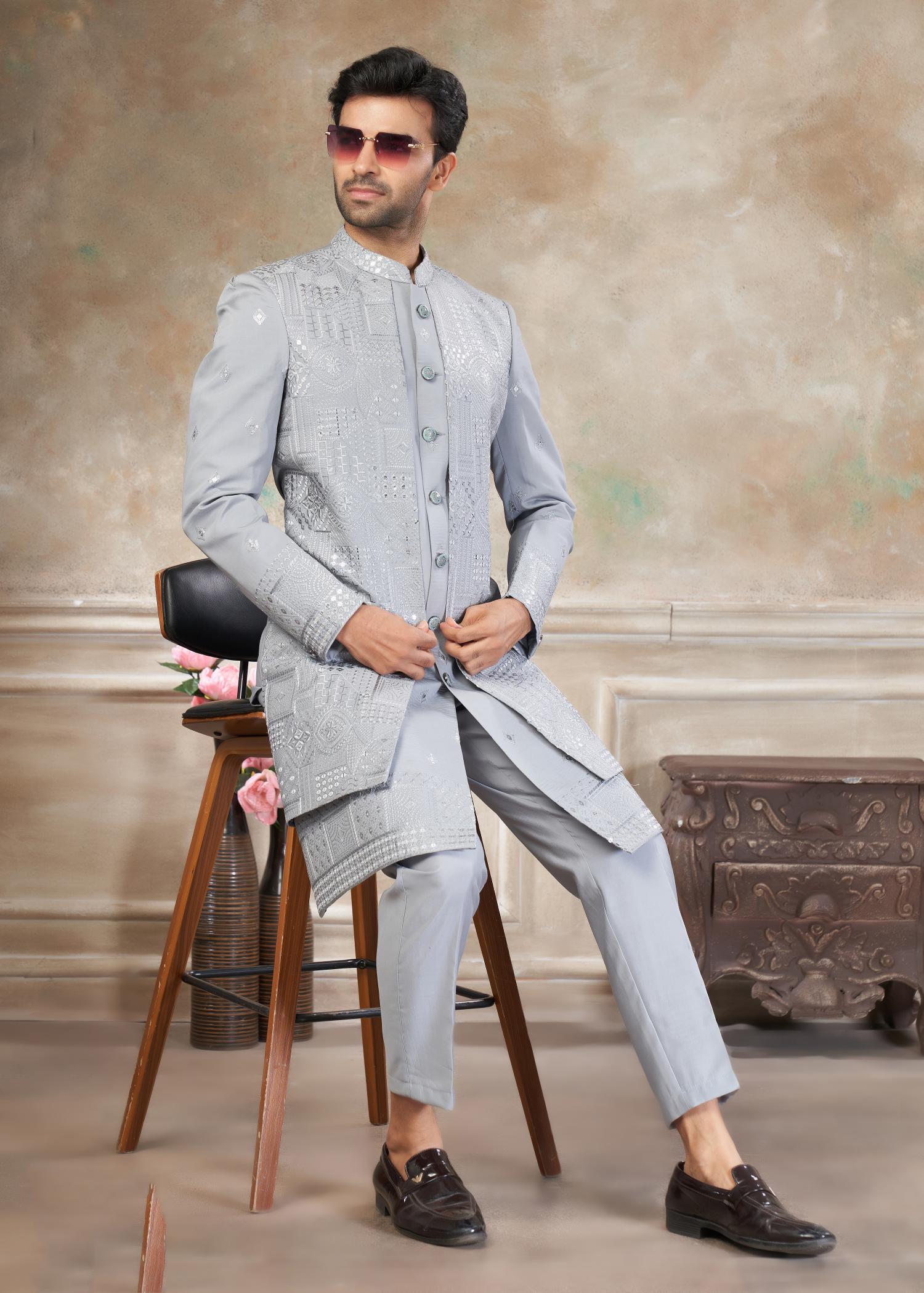 Grey Silk Indo Western Sherwani