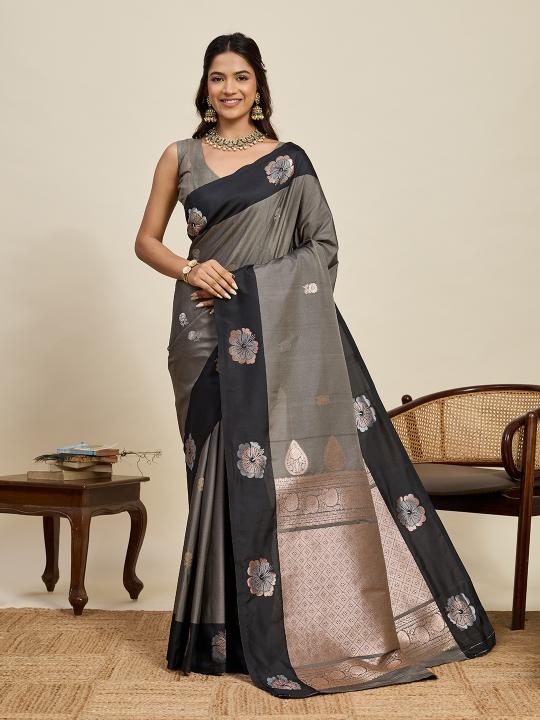 Grey Soft Silk Zari Designer Saree