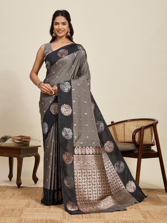 Grey Soft Silk Zari Woven Saree