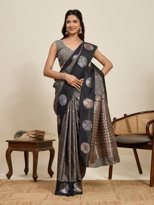 Grey Soft Silk Zari Woven Saree