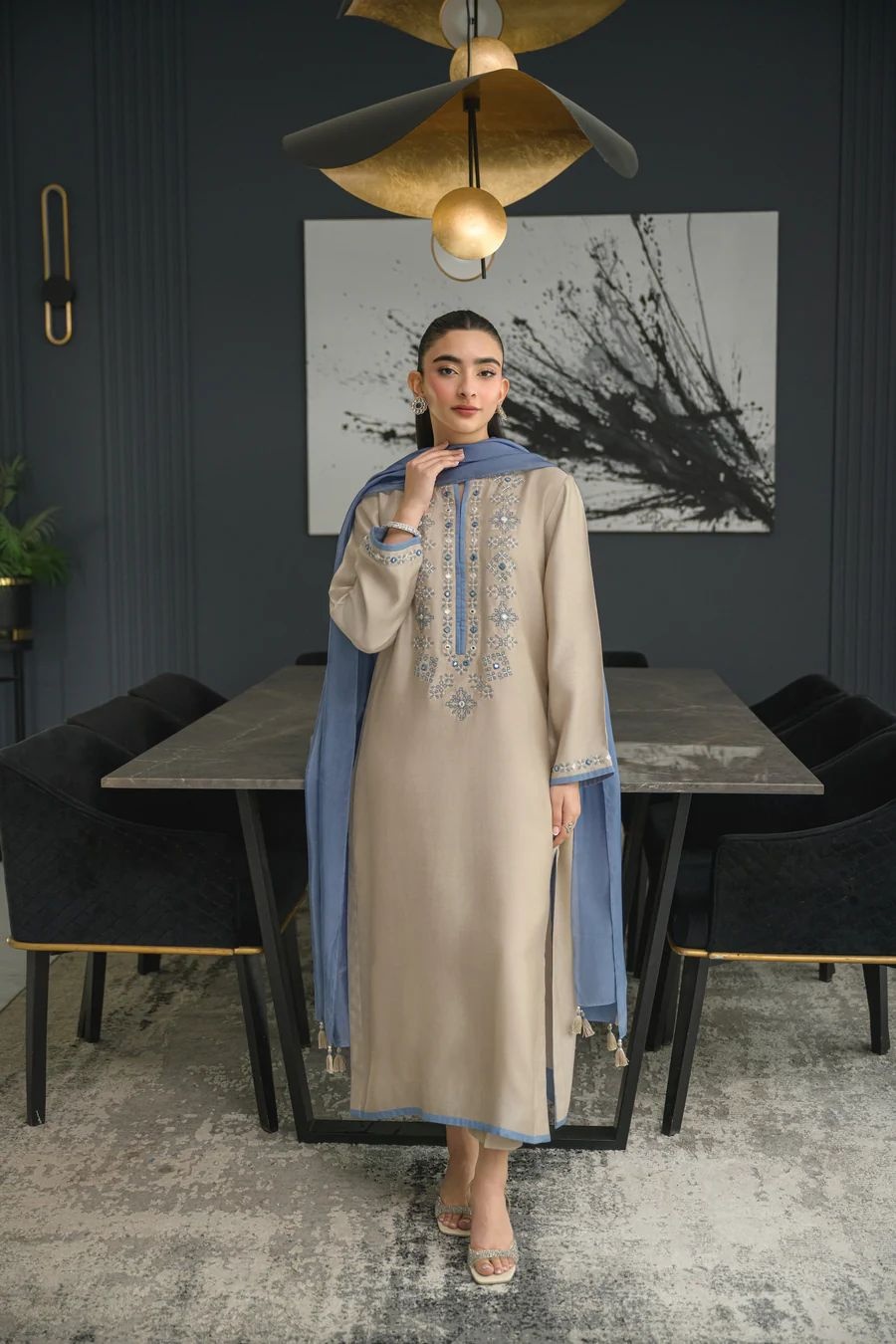 Grey Solid Designer Embroidery Chanderi Palazzo Suit