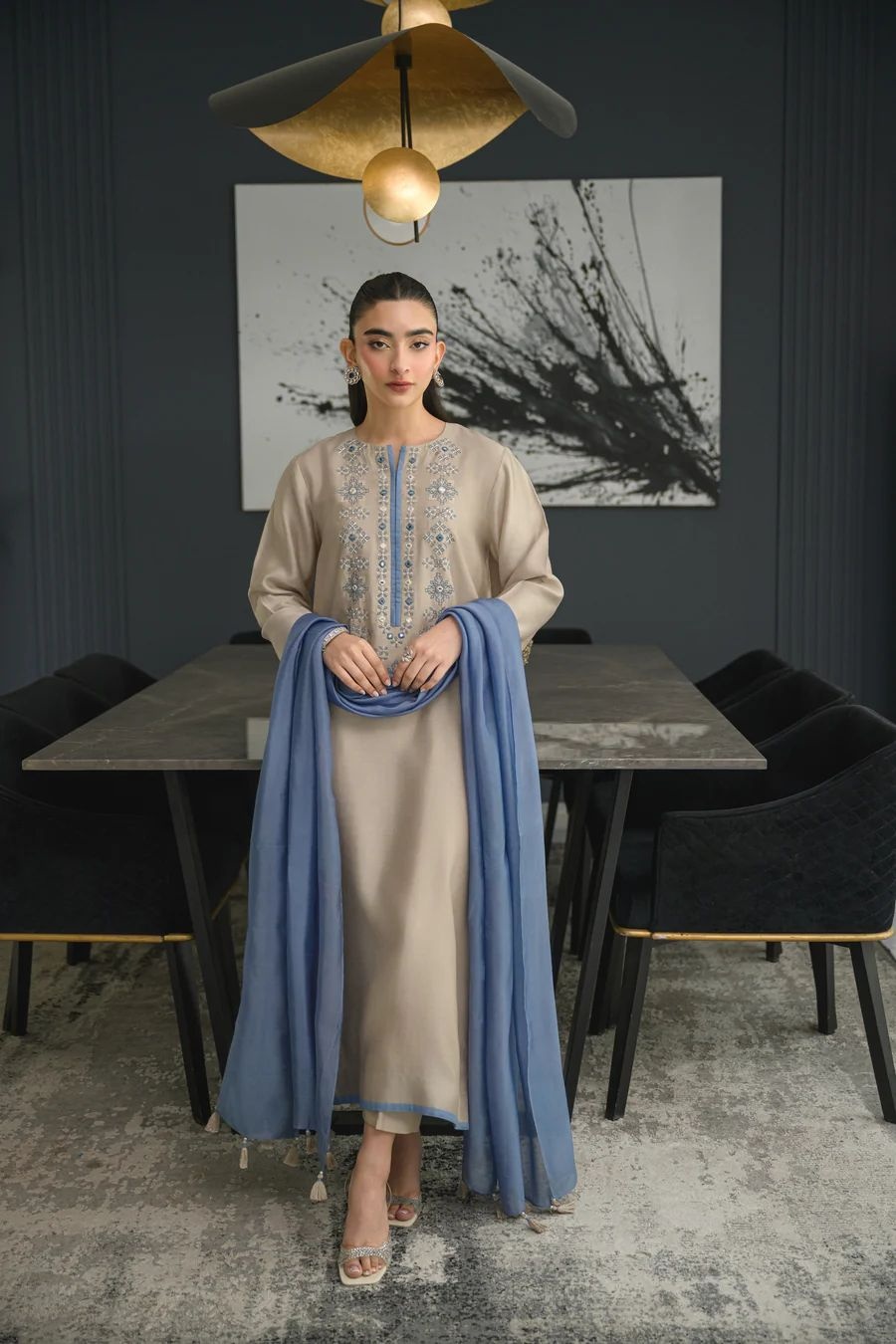 Grey Solid Designer Embroidery Chanderi Palazzo Suit — alternate view