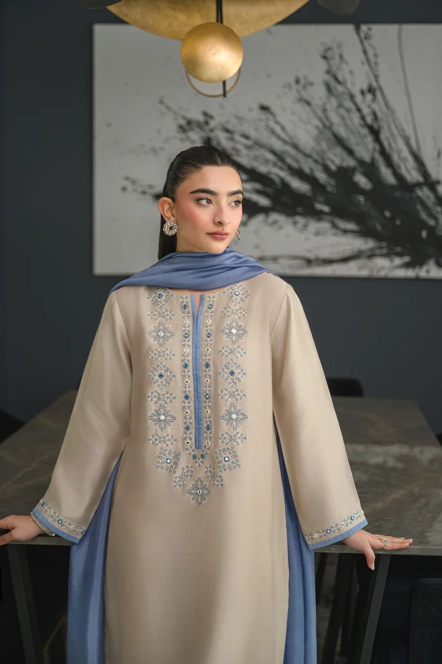 Grey Solid Designer Embroidery Chanderi Palazzo Suit