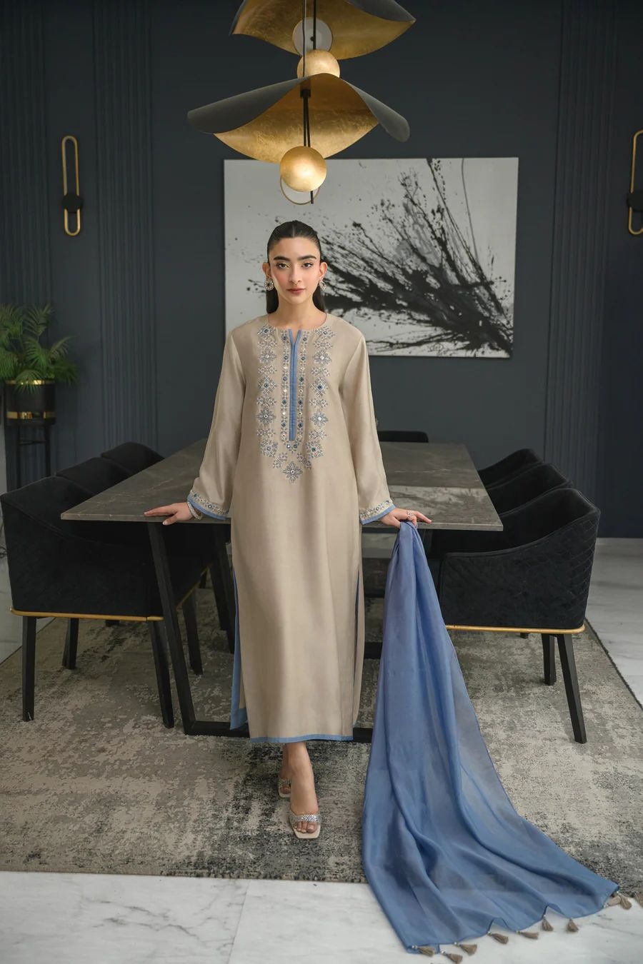 Grey Solid Designer Embroidery Chanderi Palazzo Suit