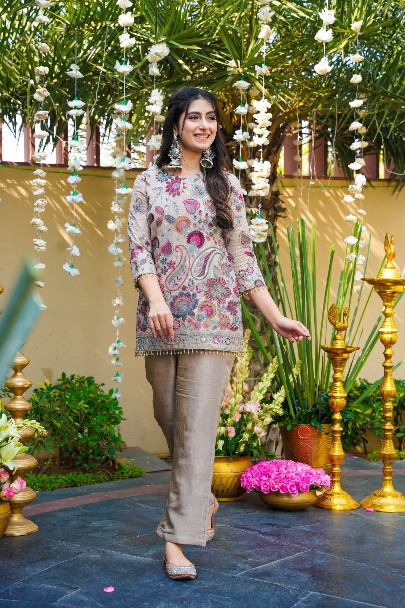 Grey Solid Designer Embroidery Vichitra Silk Salwar Suit