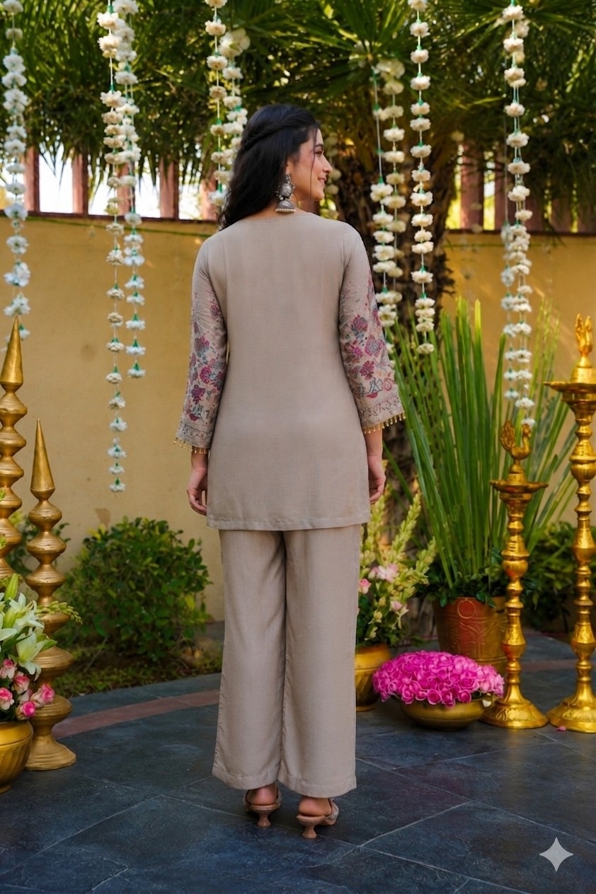 Grey Solid Designer Embroidery Vichitra Silk Salwar Suit — alternate view