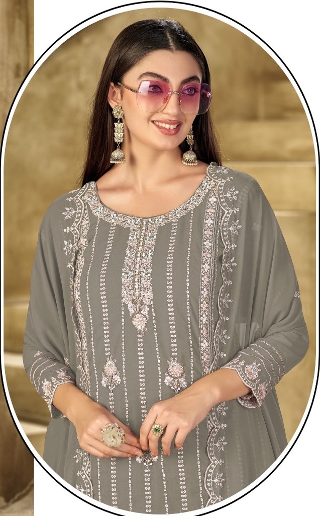 Grey Stripe Designer Embroidery Georgette Straight Suit — alternate view