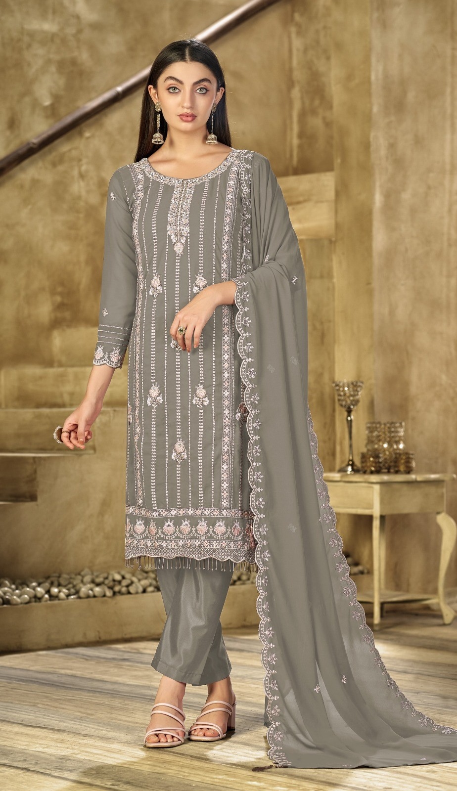 Grey Stripe Designer Embroidery Georgette Straight Suit
