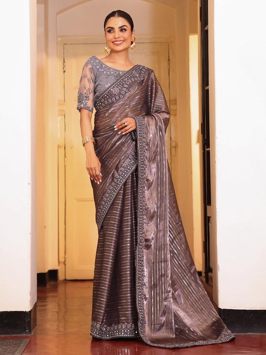 Grey Tissue Embroidery Work Saree