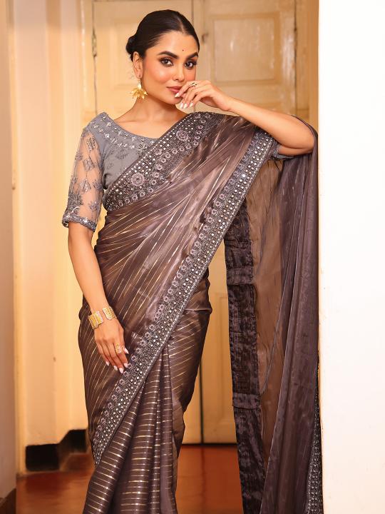 Grey Tissue Embroidery Work Saree