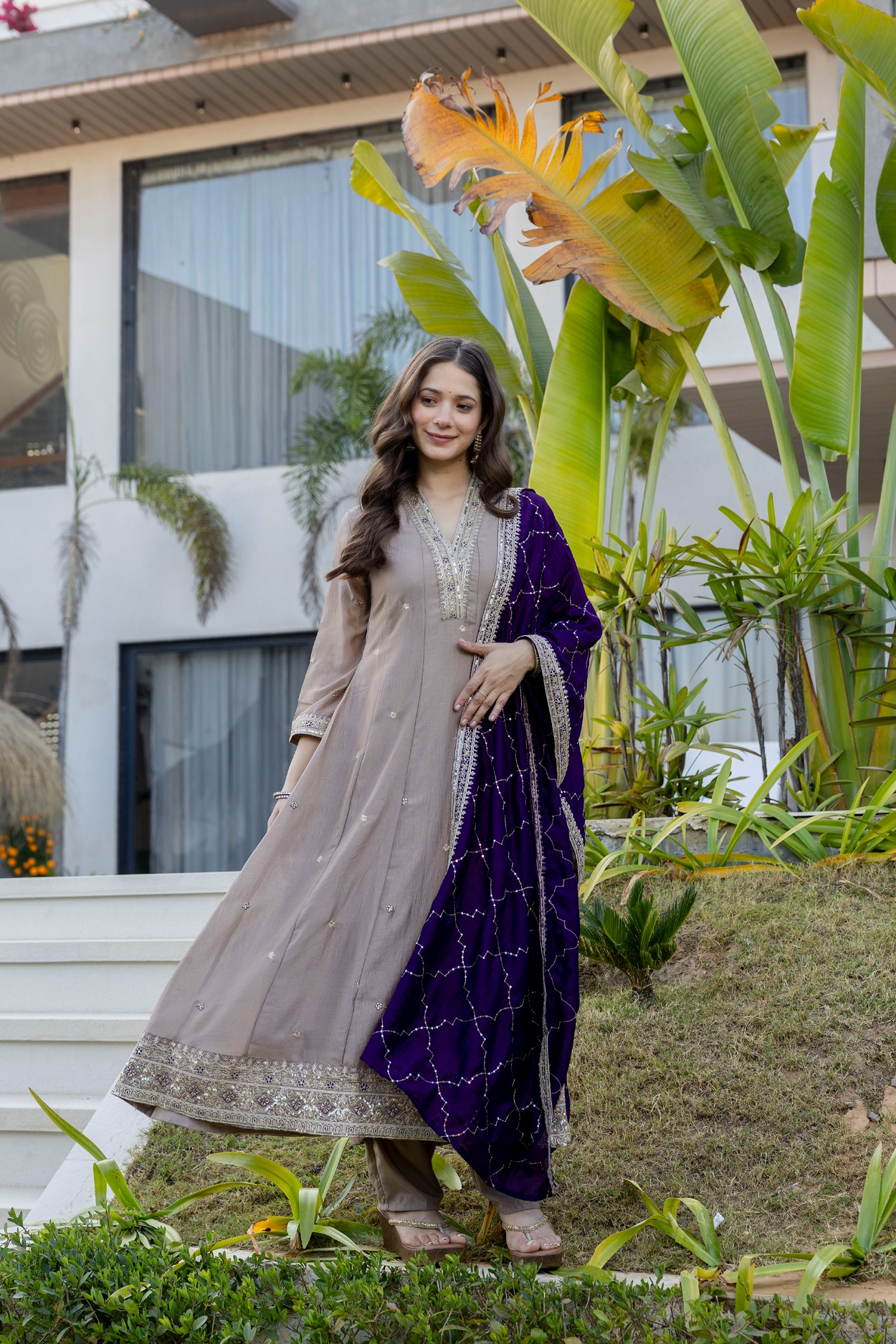 Grey Vichitra Silk Mughal Embroidered Straight Kurta Set