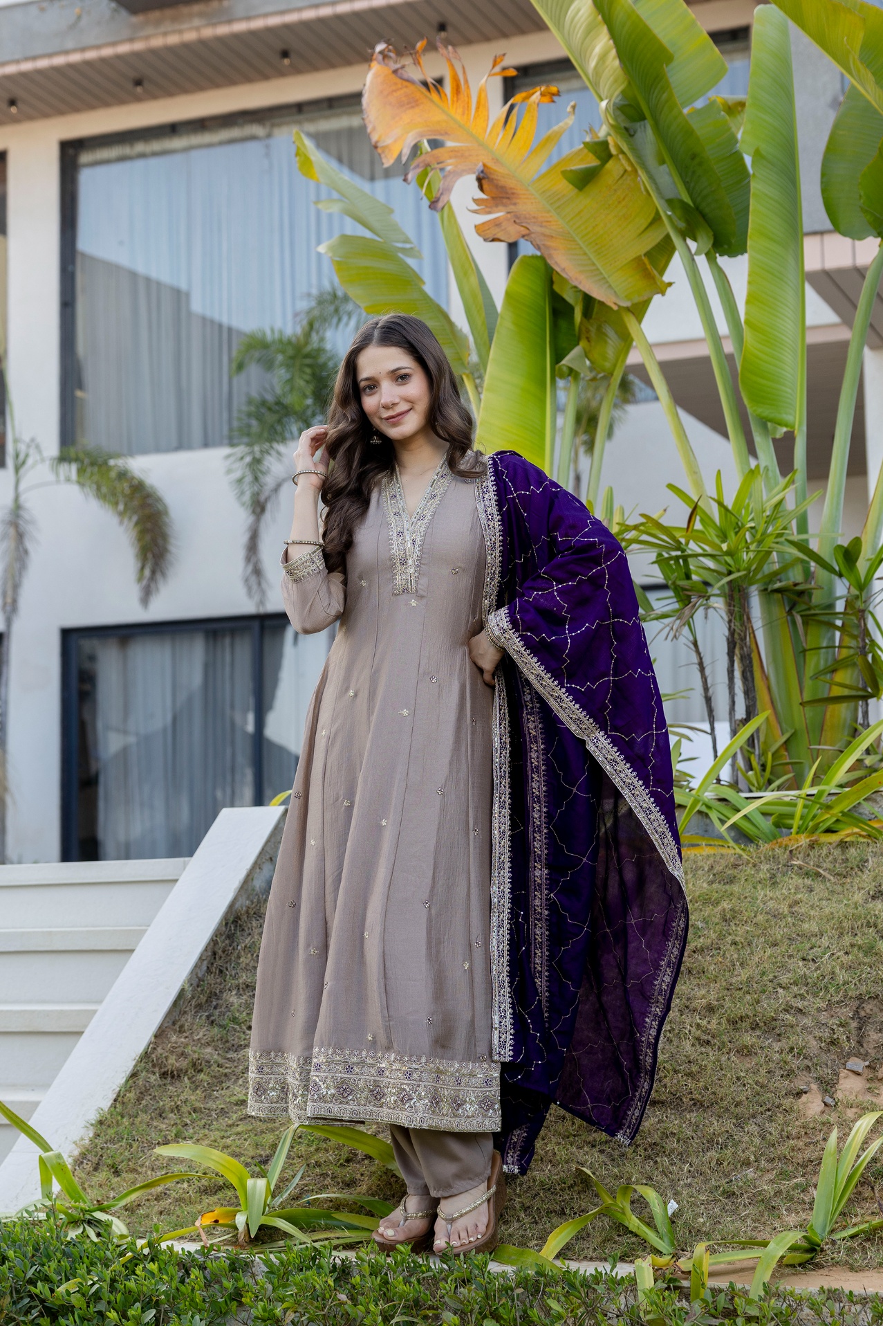 Grey Vichitra Silk Mughal Embroidered Straight Kurta Set