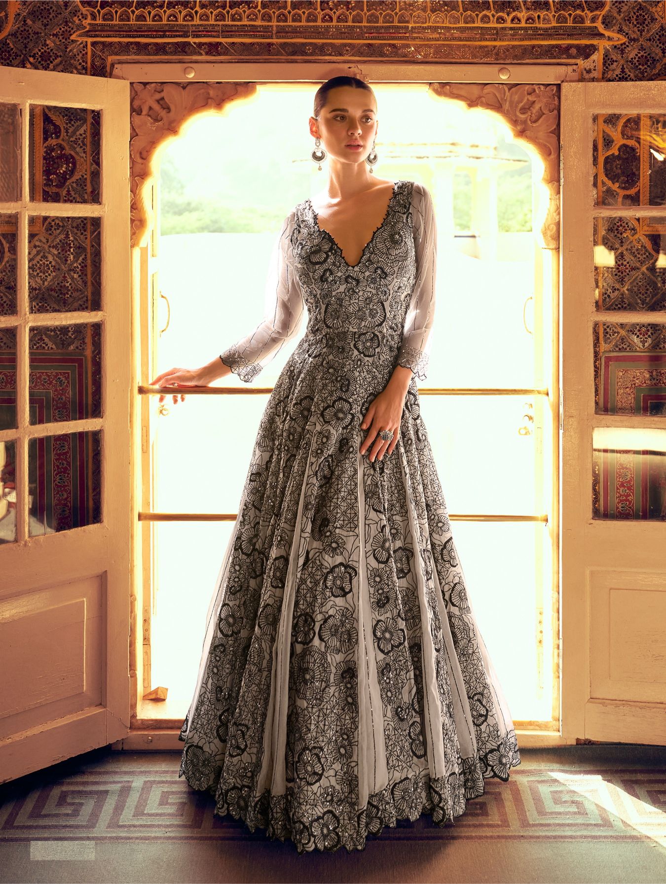 Grey Viscose Heavy Embroidered Gown