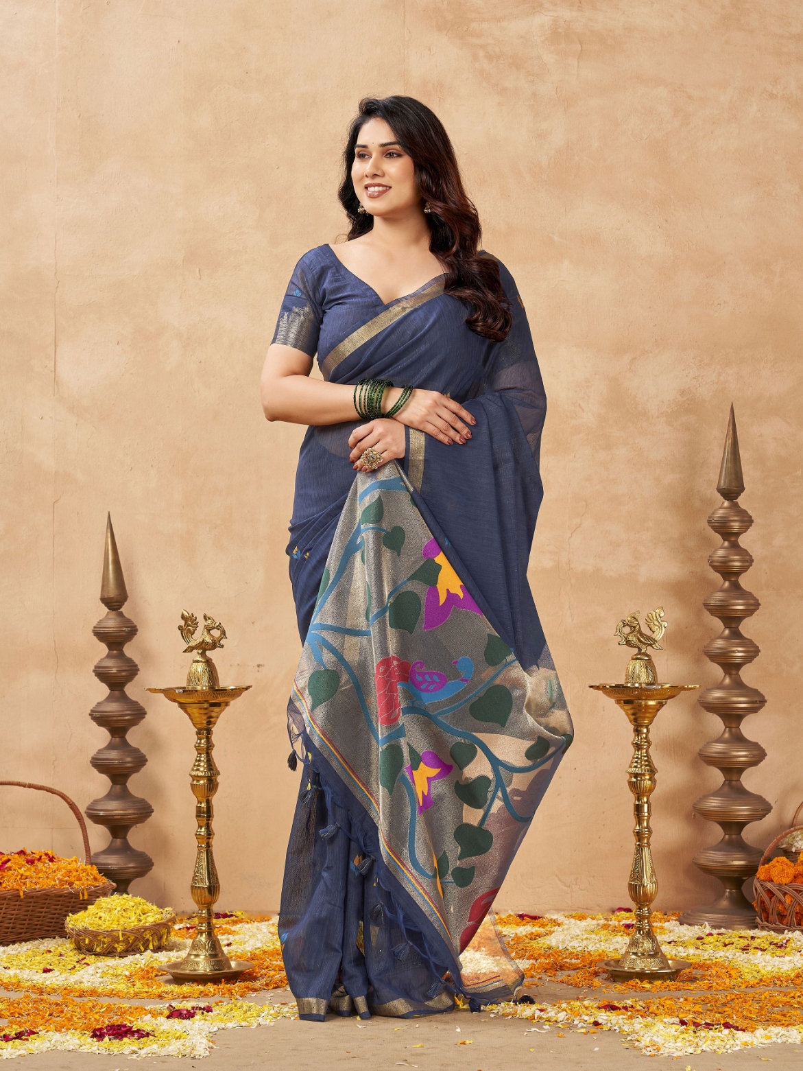 Grey Weaving Zari Designer Linen Silk Saree
