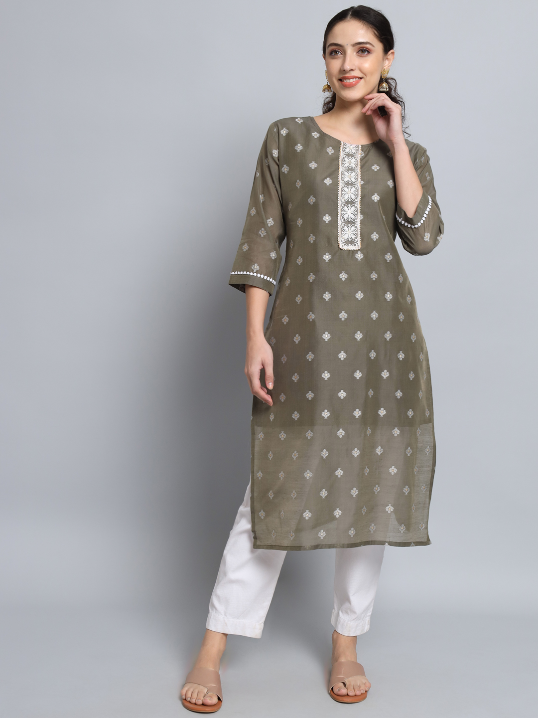 Grey Woven Butti Embroidered Silk Blend Kurti