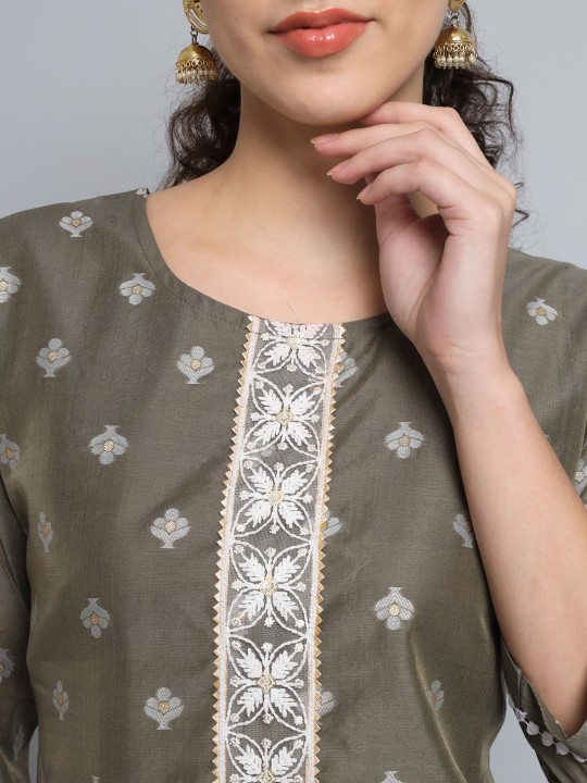 Grey Woven Butti Embroidered Silk Blend Kurti