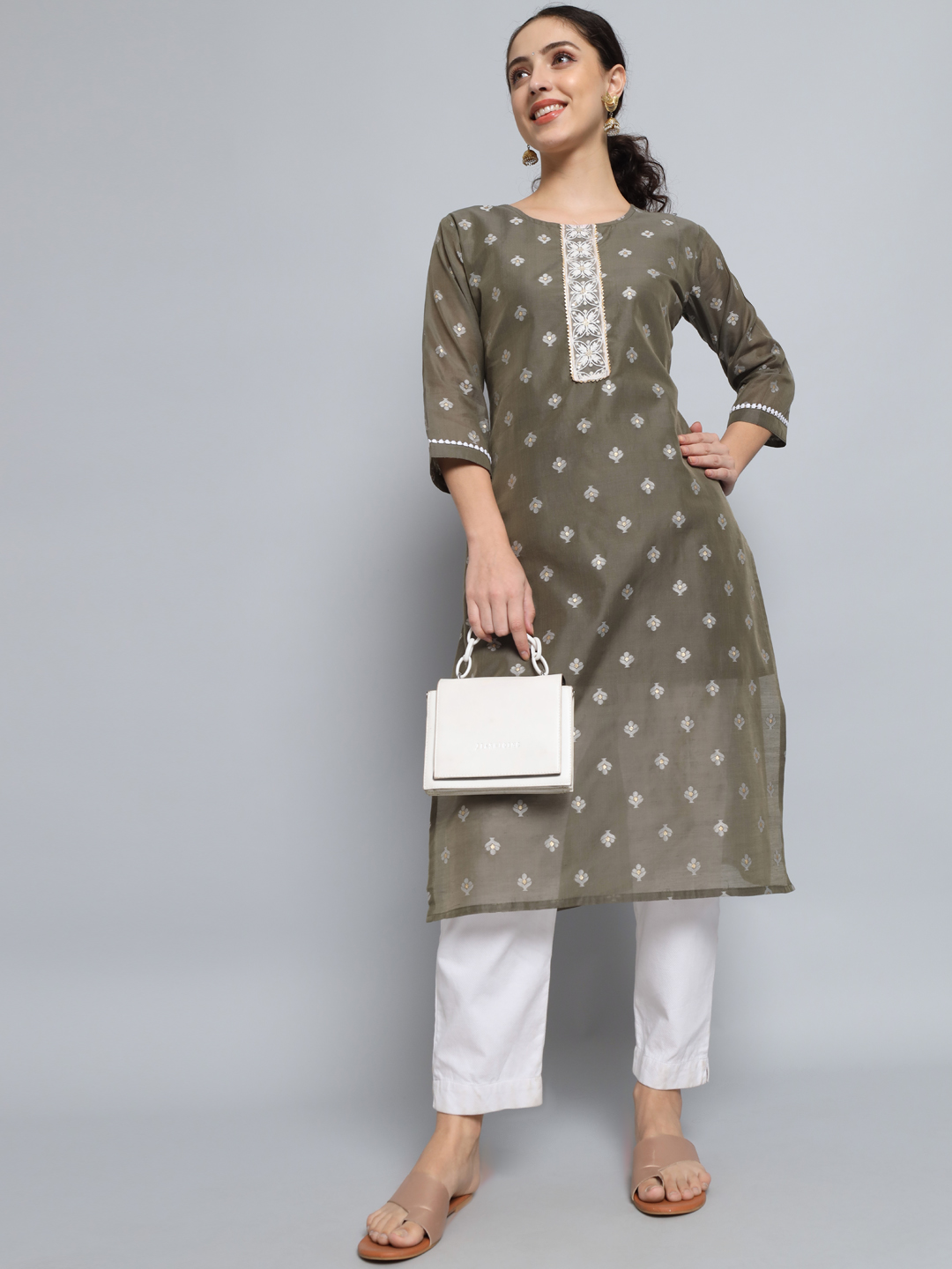 Grey Woven Butti Embroidered Silk Blend Kurti