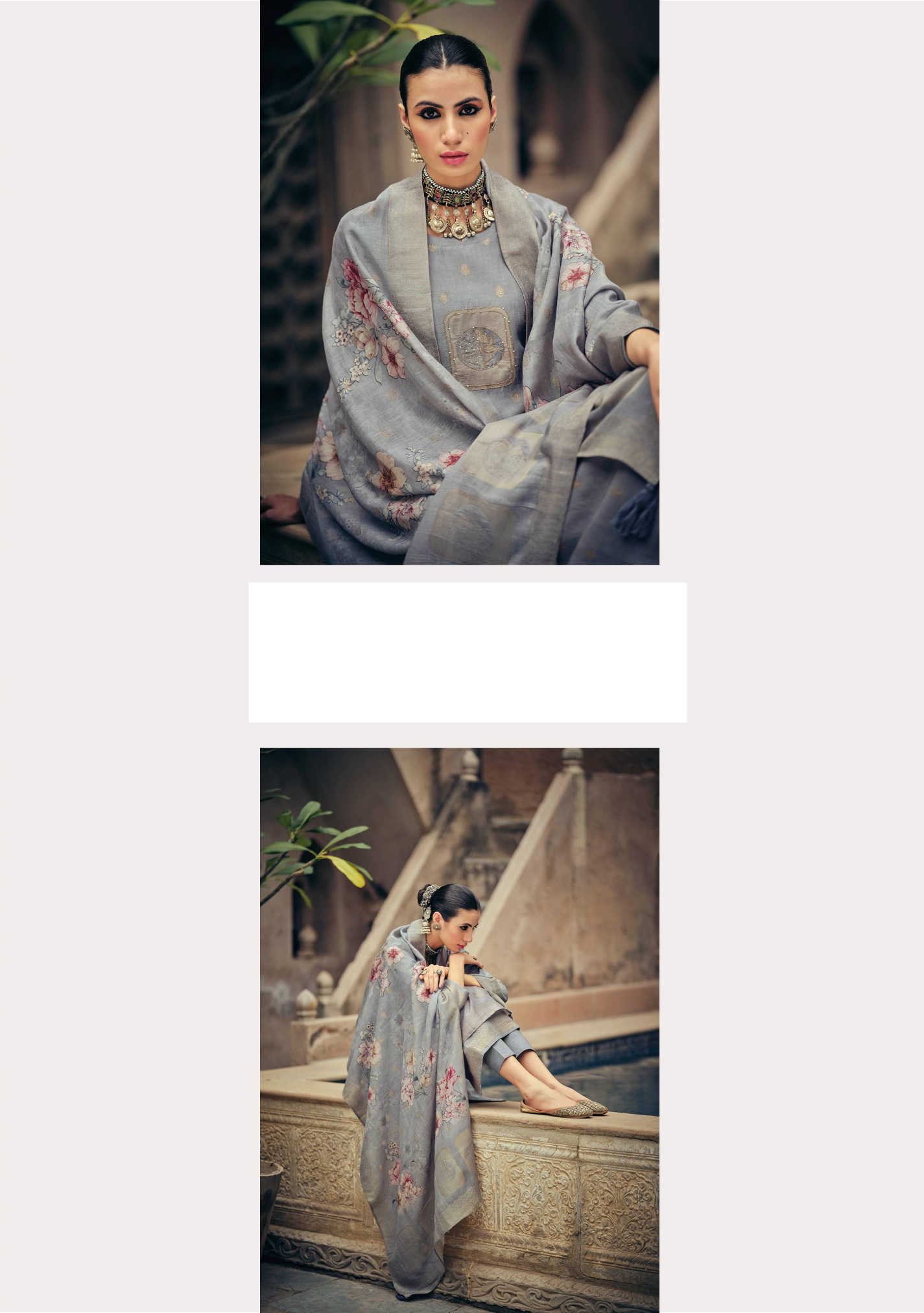 Grey Woven Floral Silk Cotton Straight Salwar Suit — alternate view