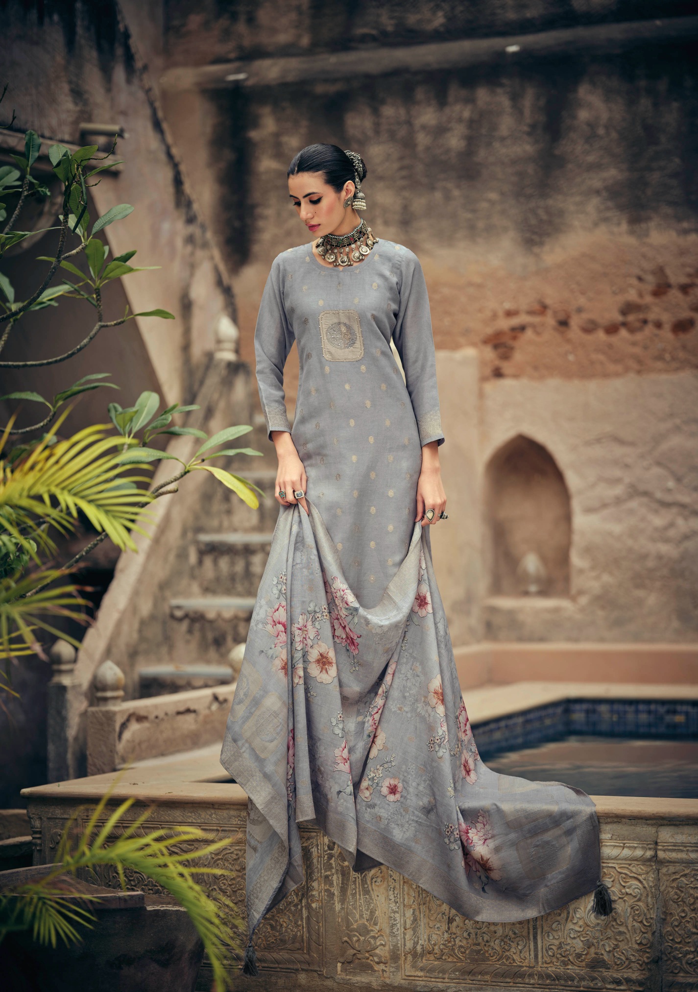 Grey Woven Floral Silk Cotton Straight Salwar Suit