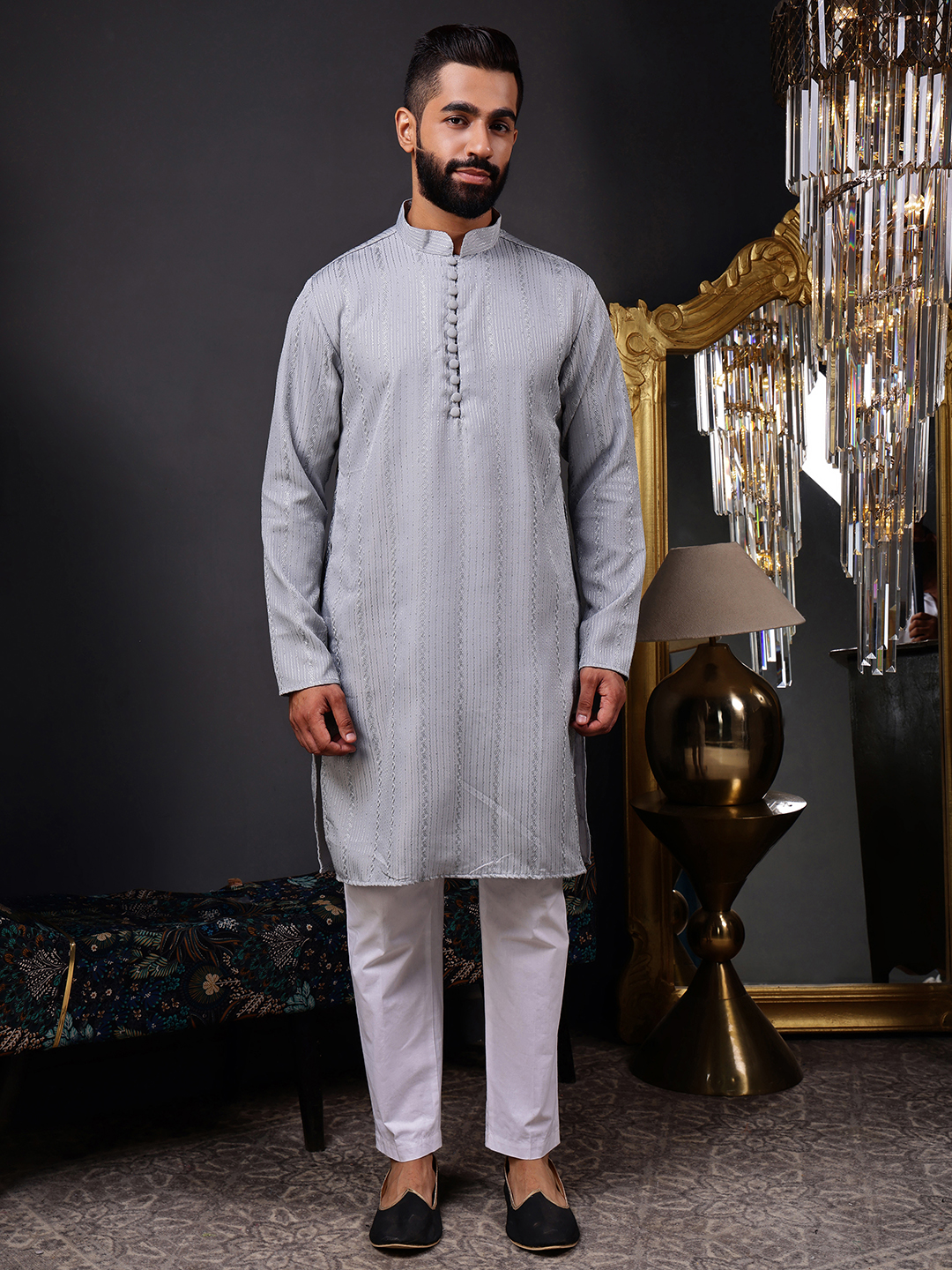 Grey Woven Sequence Embroidery Cotton Blend Kurta Pyjama