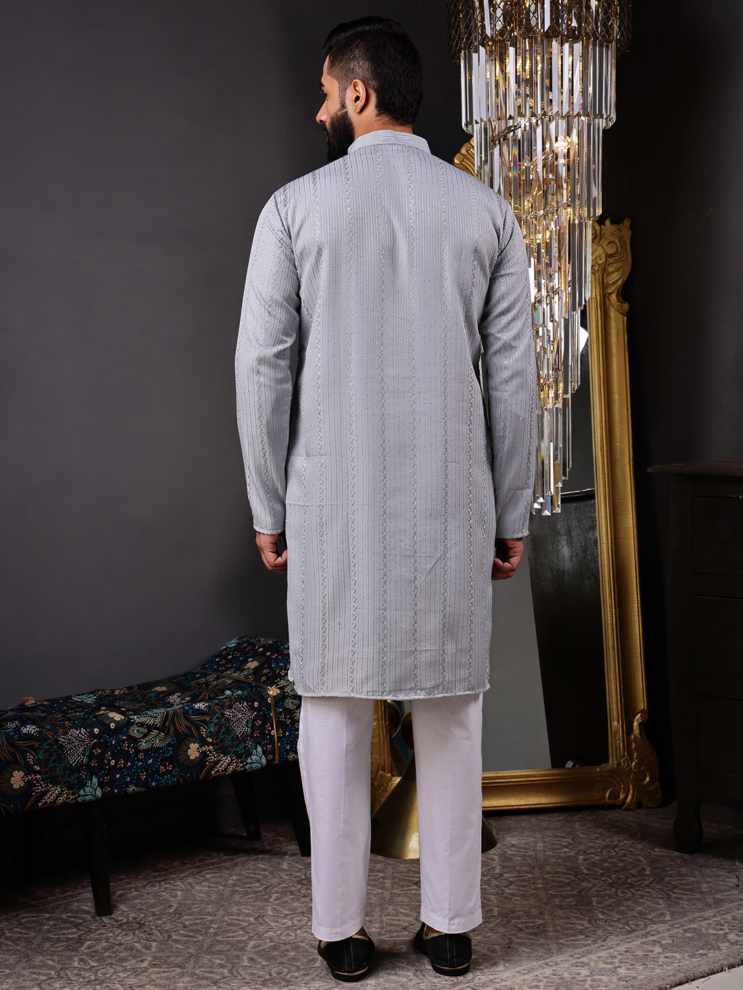 Grey Woven Sequence Embroidery Cotton Blend Kurta Pyjama — alternate view
