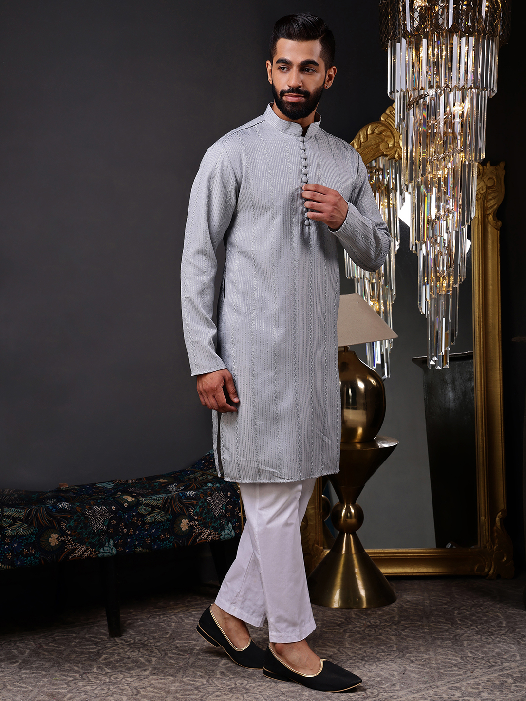 Grey Woven Sequence Embroidery Cotton Blend Kurta Pyjama