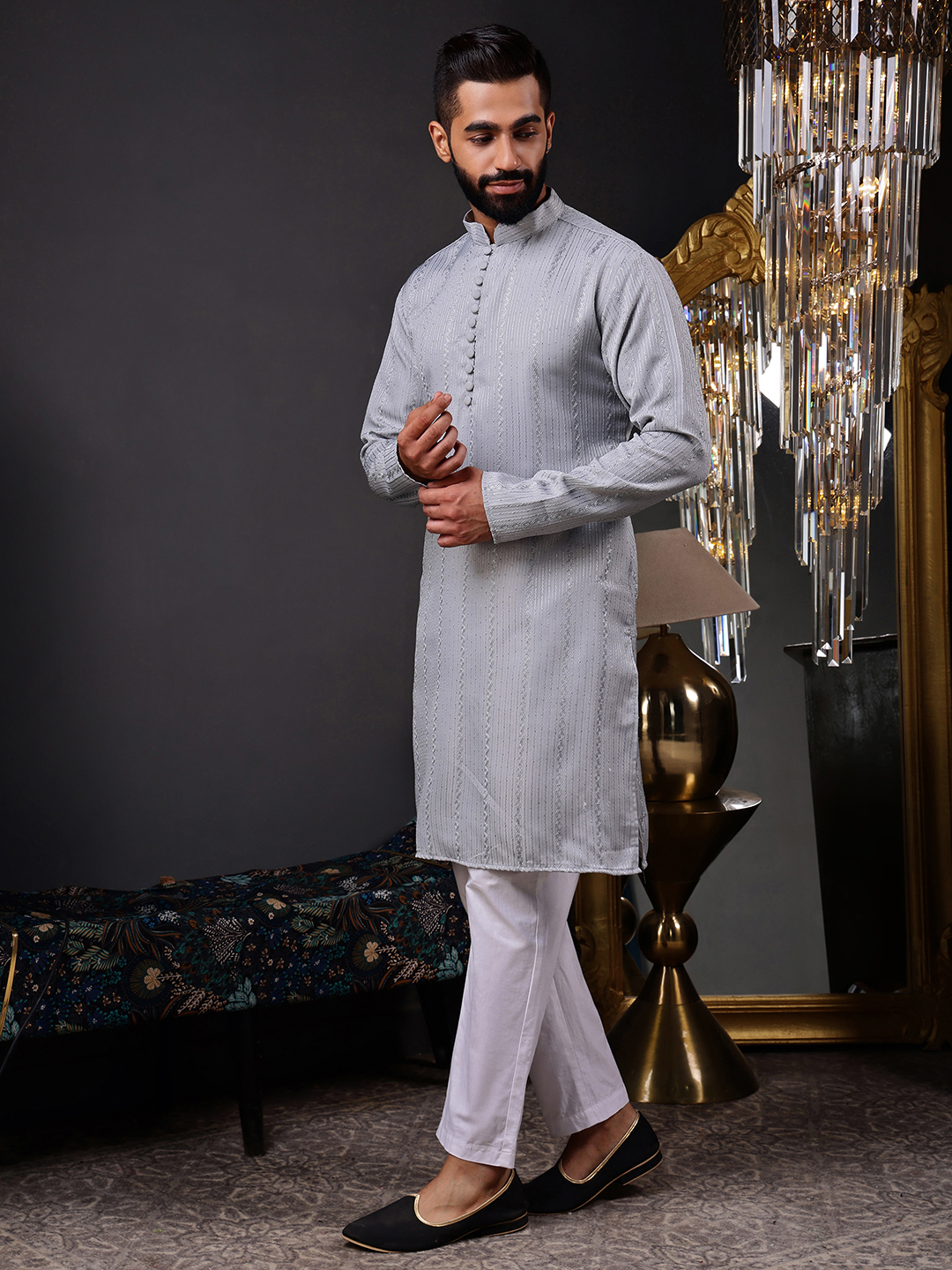 Grey Woven Sequence Embroidery Cotton Blend Kurta Pyjama