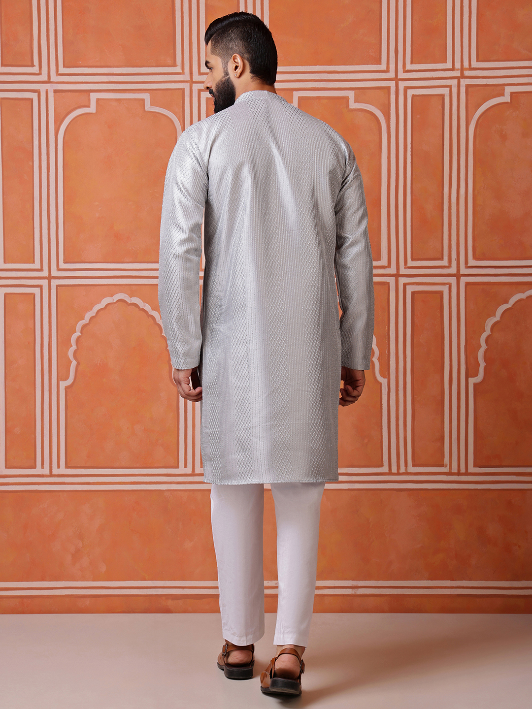 Grey Woven Sequence Embroidery Cotton Blend Kurta Pyjama